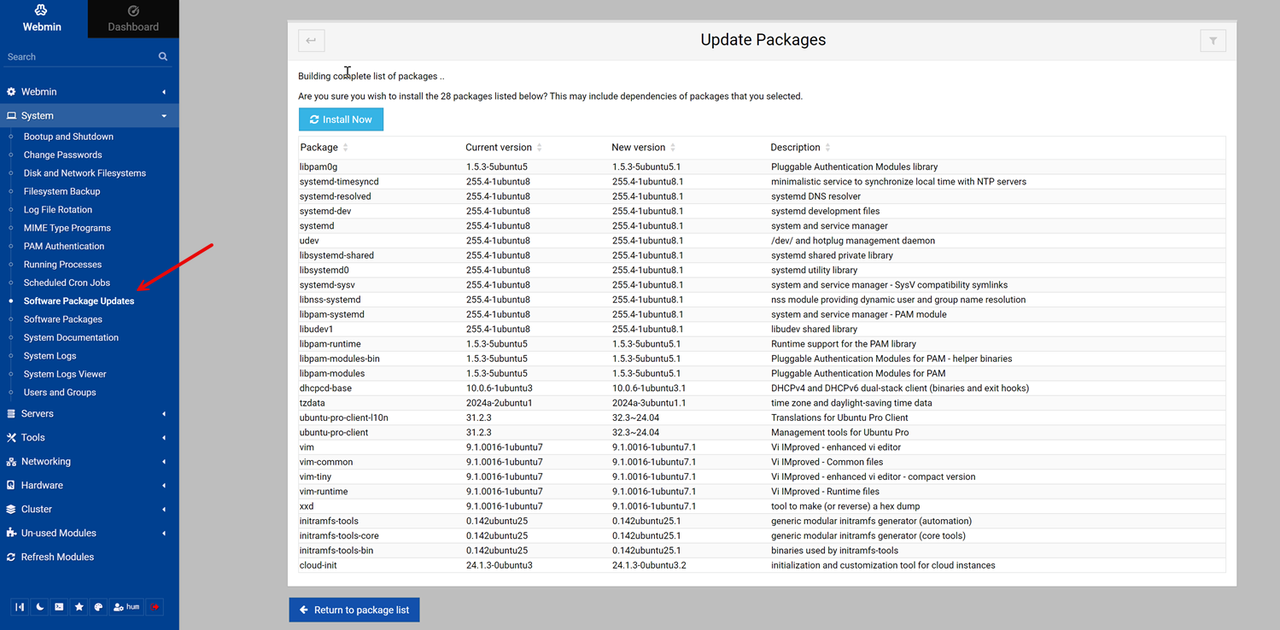 Update Server Application Packages using Webmin