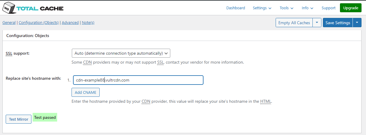 Enter the Vultr CDN Pull Zone Endpoint in W3 Total Cache