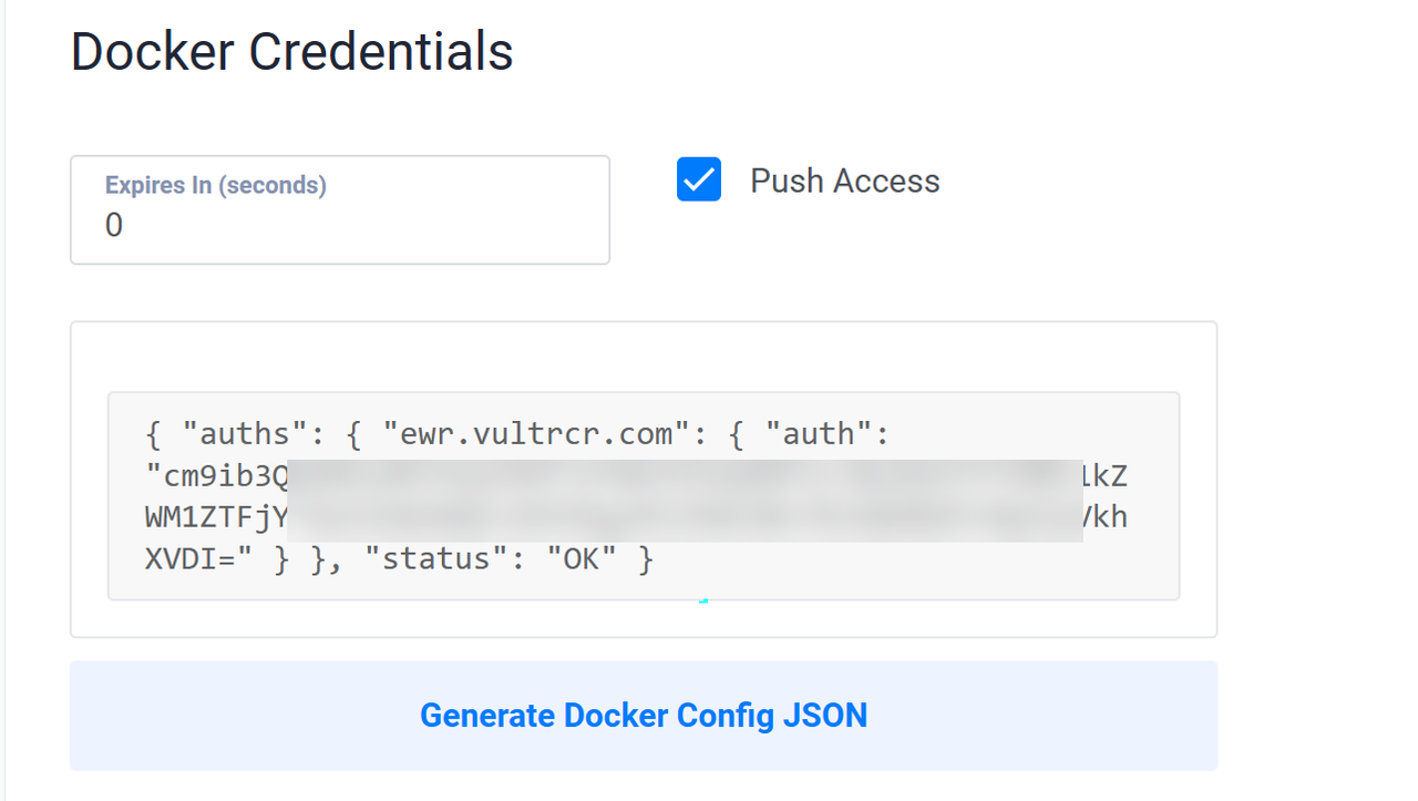 Generate a new Vultr Container Registry Docker Config JSON