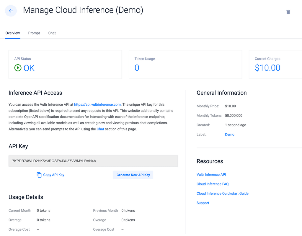 Vultr Cloud Inference Manage Subscription