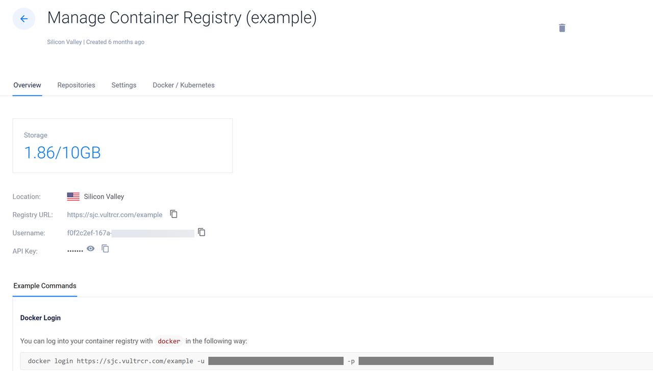 Vultr Container Registry Overview Tab